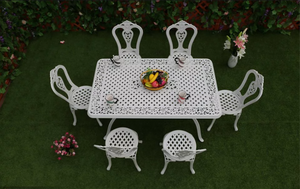 Ensemble <span class=keywords><strong>table</strong></span> à manger <span class=keywords><strong>ronde</strong></span> et chaises d'extérieur en <span class=keywords><strong>fer</strong></span> <span class=keywords><strong>forgé</strong></span> pour patio en métal blanc Ensemble de chaises en fonte d'aluminium pour meubles de jardin et de jardin - Product Image 4