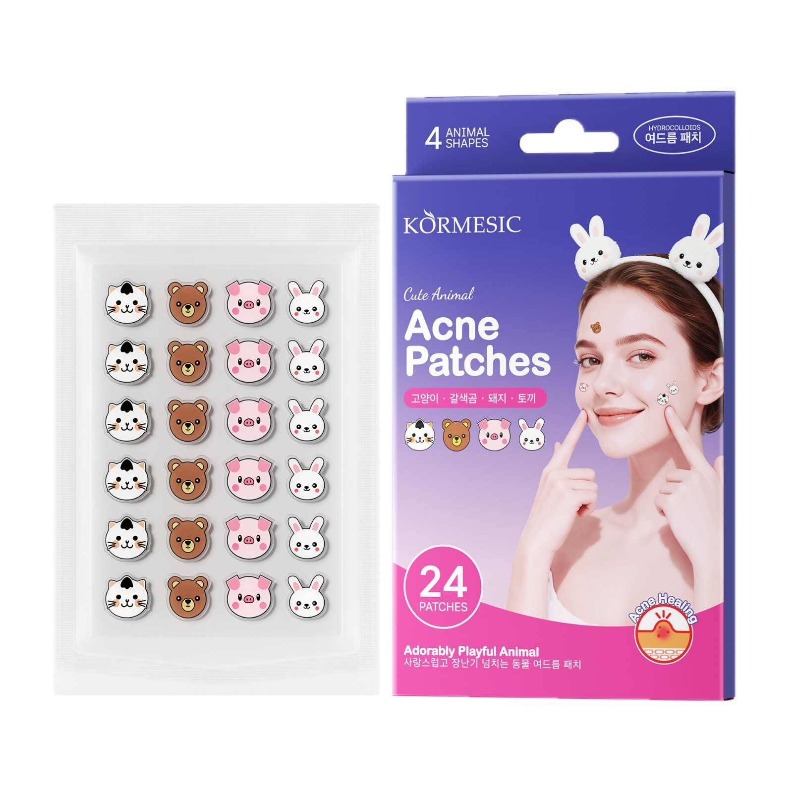 KORMESIC แผ่นแปะสิวรูปสัตว์น่ารักและสนุกสนาน 24 แคปซูล/กล่อง