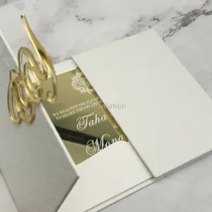 Invitaciones de boda de lujo Tarjetas de invitación de acrílico con espejo dorado de tapa dura de tres pliegues con juego de RSVP