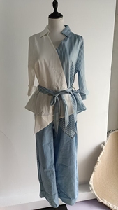 Completo <span class=keywords><strong>Donna</strong></span> Primavera Estate Nuova Versione Coreana Camicia a Due Pezzi con Inserti e Jeans a <span class=keywords><strong>Gamba</strong></span> <span class=keywords><strong>Larga</strong></span> Set da Due Pezzi Ringiovanente - Product Image 6
