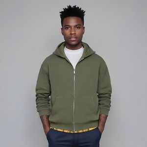 Sweat-shirt à capuche zippé pour homme, vert olive, couleur unie, coton tricoté, décontracté, coupe classique, automne - Product Image 1