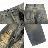 Pantalones anchos de mezclilla de cintura media con efecto lavado a la arena, rotos, con estampado de grafiti y cadena, estilo urbano ecológico de moda.