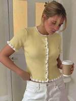 Cárdigan de punto amarillo de moda con volantes y botones, ideal para el verano, salidas urbanas, compras diarias, el más vendido, de manga corta, antiarrugas.