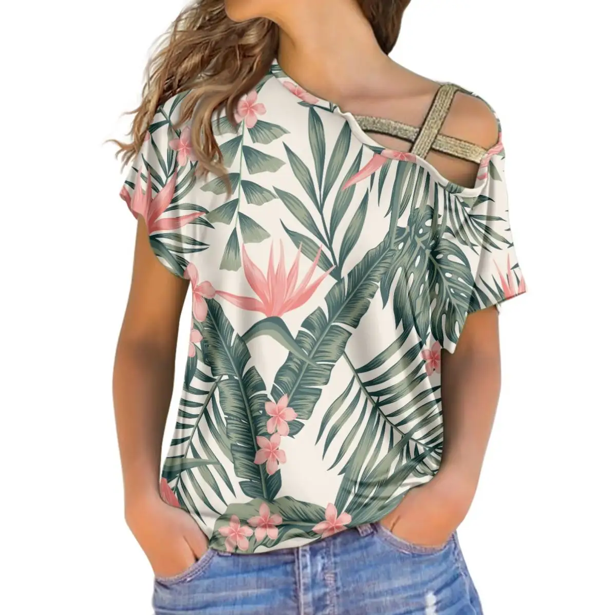 Cetakan sesuai permintaan desain bunga pisang daun surga atasan Fashion T-Shirt oblong tali silang berkilau bahu miring