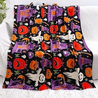 FF6249 Couverture Lumineuse à Motif Chauve-souris et Citrouille d'Halloween, Cadeau de Fêtes, Couverture en Flanelle pour Canapé, Brille dans le Noir