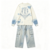 T-shirt à manches longues bleu tie-dye vieilli avec motif végétal en chenille, style streetwear épais, décontracté pour le quotidien