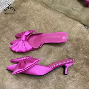 Sandales d'été à talons courts pour femmes, nœud papillon, Satin soie, talons hauts pour dames, <span class=keywords><strong>chaussures</strong></span> pour femmes, pantoufles - Product Image 2
