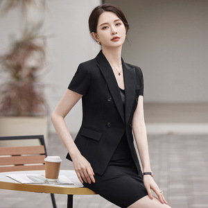 Women's Suit <b>Set</b> Short Sleeve Summer <b>Office</b> Lady Formal Work Uniform Breathable Worsted Fabric Gray Blue Black Skirt - Product Image 2