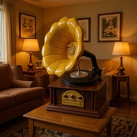 Gramophone en résine style européen, aspect bois antique, modèle corne de fleur, tourne-disque vintage, statue décorative pour intérieur et bureau