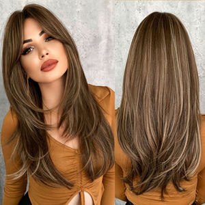 Pelucas sintéticas largas y lisas <span class=keywords><strong>de</strong></span> alta calidad al por mayor para mujer, con flequillo cortina que marcan el rostro, pelucas <span class=keywords><strong>de</strong></span> cabello completo <span class=keywords><strong>natural</strong></span>. - Product Image 1