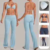 Ensembles de sport pour femmes : Soutien-gorge de sport dos nu, Leggings évasés à taille plissée, Ensembles de yoga, Vêtements de détente ultra doux, Tenues de sport non transparentes