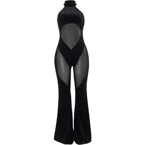 Combinaison moulante personnalisée pour femme 2026, noire, en maille, à col licou, transparente, avec découpes et pantalon évasé, tenue de club - Product Image 3
