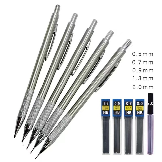 Student 0.5 0.7 0.9 1.3 2.0mm Black Pen Copper Stainless Steel Materials Art Drawing Design HB 2B Professional Metal Mechanical
