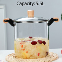 Casserole en verre borosilicate transparent durable, compatible avec les plaques à induction, résistante aux chocs, avec double poignée en bois, pour soupes et bouillons