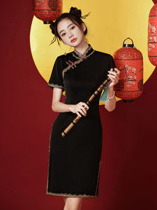 Nuevo verano cheongsam <span class=keywords><strong>ropa</strong></span> <span class=keywords><strong>tradicional</strong></span> <span class=keywords><strong>china</strong></span> Vestido corto de color negro elegante mujeres niñas vestidos negros fábrica para mujeres - Product Image 4