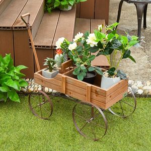 Petit chariot de jardin décoratif avec roues en métal lits surélevés en bois support de pot de plantes pour l'emballage de carton de patio de jardin d'arrière-cour - Product Image 6