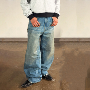 Jean sur mesure de fabricant, coupe oversize, denim épais 15 oz, style vintage, avec strass, coupe bootcut, jambe droite, jean baggy - Product Image 1
