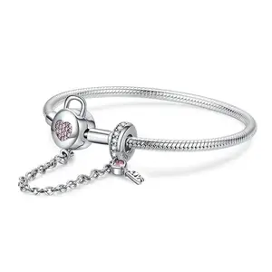 2023 Fashion women Jewelry 925 Sterling Silver Pink Cz Heart Lock And Key Designer diy s925 Charm Bracelets for jewelry making