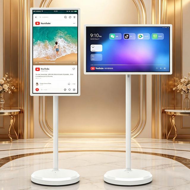 32 Inch Large Touch Screen on Wheels, Portable Android Monitor with Built-in Battery, for Home Entertainment, Voice Control