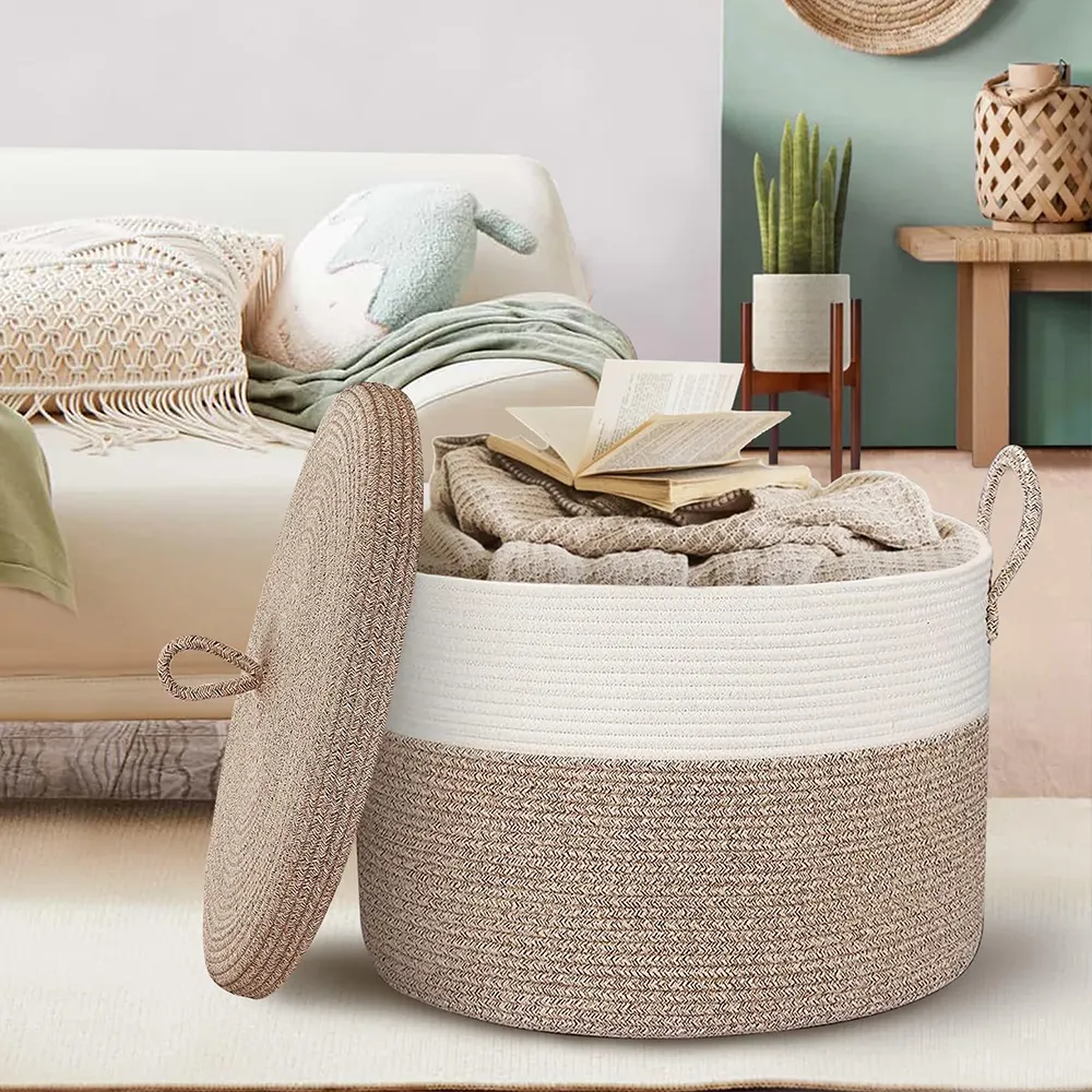 Customize Your Desired Large Handmade Woven 100% Cotton Rope Storage Basket With Movable Lid For Clothing