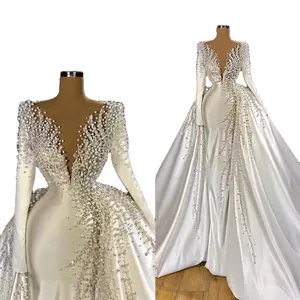 Luxury Deep V Long Sleeve Mermaid Wedding Dress Pearls Beaded Saudi Arabia Bridal Dress