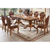 Ensemble table à manger et 8 chaises en bois massif et cuir, style français européen, antique, avec sculptures occidentales, design rectangulaire pour villa et cuisine