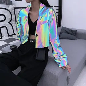 Groothandel Jacketss Nieuwe Mode Vrouwen Kleding Regenboog Vrouwen Crop Top Holografische Reflecterende Jas