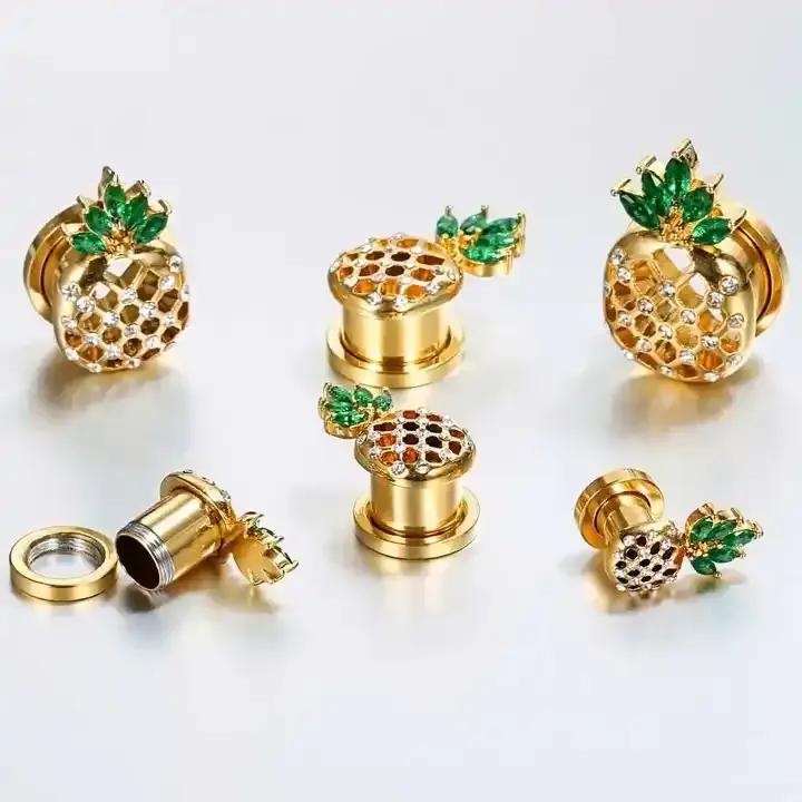 Ananas vergoldet Edelstahl Ohr Piercing Ohrverbreiterung Tunnelstecker Ohrring