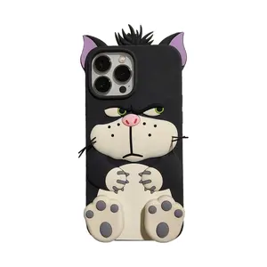 Cute Cartoon Animal Lucifer Cat Invisible Holder Silicone Shockproof Protective Phone Cover Case For iPhone 12 13 14 15 Pro Max