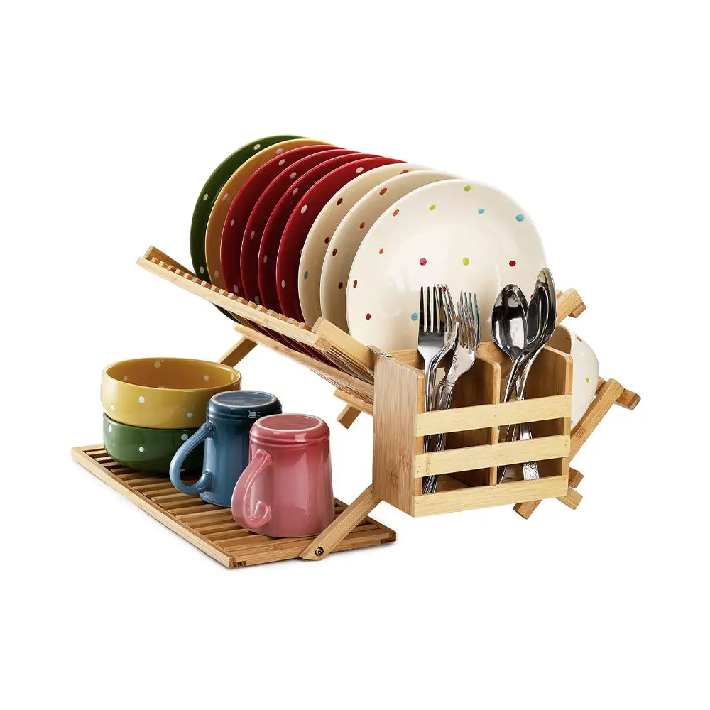 Bamboo tableware 3-layer large folding tableware bowl and plate, bamboo drainage rack/drying rack