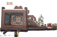 Structure gonflable à thème taureau avec toboggan pour enfants, idéale pour les fêtes en extérieur