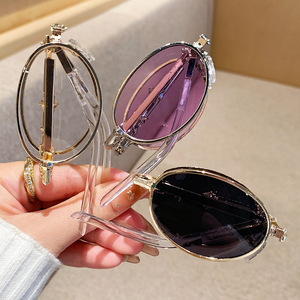 Gm Small Frame Folding Oval <b>Sunglasses</b> For Women Metal Frame Pc Lens Uv400 Protection Class 2 Sunshades - Product Image 2