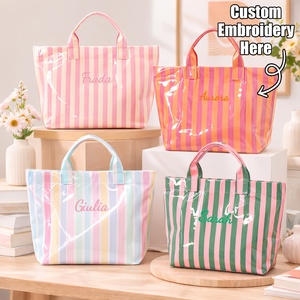 Sac fourre-tout en PVC rayé personnalisé pour femme, grand sac à main en plastique avec lettres imprimées, sac hobo rayé pour le travail et la plage - Product Image 4