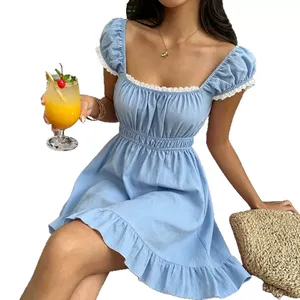Abito estivo stile francese a trapezio da donna con scollo quadrato, maniche a sbuffo <span class=keywords><strong>e</strong></span> finiture in pizzo, vestibilità slim, perfetto per uscite casual - Product Image 5