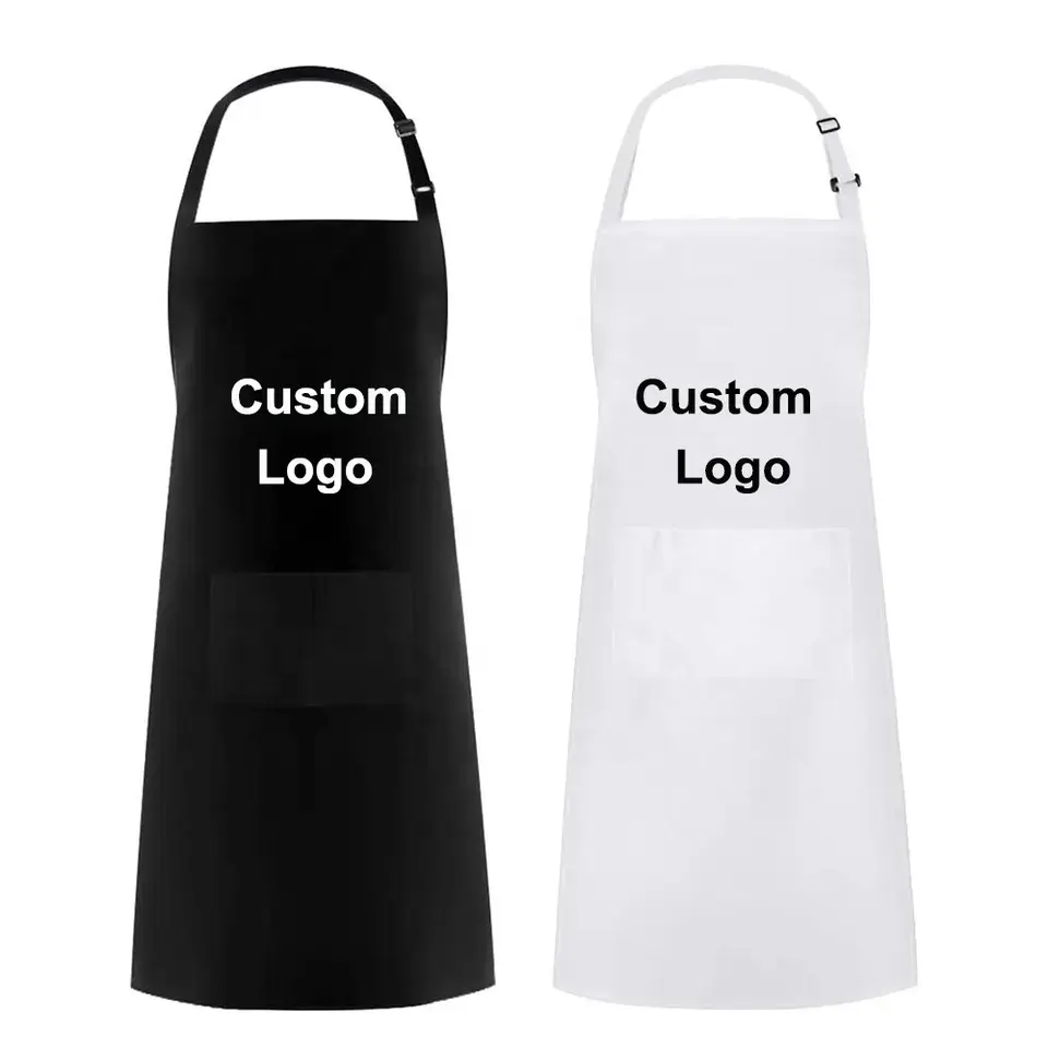 Logotipo personalizado Plain Black Cotton Poliéster Impermeável Chef Café Churrasco Comida Cozinhar Limpeza Bib Cozinha avental de plástico cabeleireiro