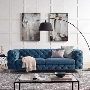 Juego de sofás de terciopelo con mechones azules, muebles de sala de estar modernos, sofás seccionales de tamaño completo con almohadas y mesa de centro - Product Image 2