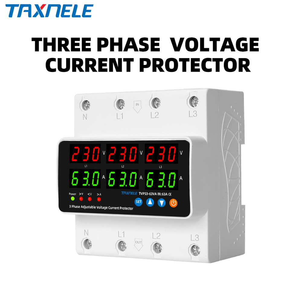 <strong>3</strong> <strong>Phase</strong> Din Rail <strong>Digital</strong> LED <strong>Voltmeter</strong> <strong>Ammeter</strong> with Adjustable Over Voltage Current Limit Protection 63A/100A Relay Protections