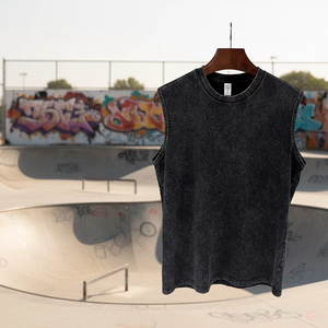 Débardeur en coton lavé vintage 230g, bords bruts déchirés, coupe musclée, streetwear d'été pour homme - Product Image 1