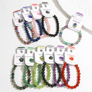 Bracelet extensible en perles rondes de cristal naturel avec <span class=keywords><strong>carte</strong></span> de présentation russe, bijou minimaliste unisexe en améthyste pour la guérison - Product Image 1