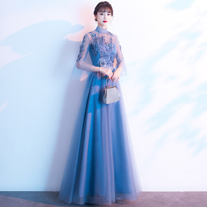 Blue Gray Long Evening Dress High Neck Empire Waist Polyester Fiber Party Wedding Banquet Dress - Product Image 4
