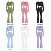 Ensemble de yoga 2 pièces pour femme, haut court à manches longues et col en V croisé, et leggings évasés taille haute croisée en V, pour la gym et l'entraînement