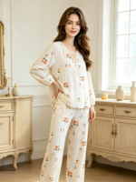 Pyjama de luxe pour femme en fibre de bambou, haut à manches longues et pantalon, imprimé floral, col pull, respirant et doux, collection printemps/automne