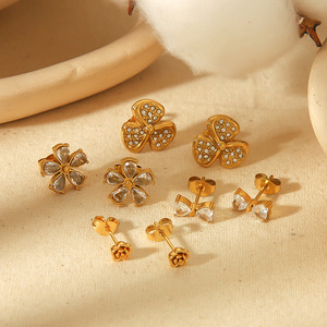 ต่างหูรูปดอกไม้ ทอง 18k สแตนเลสสตีล ทรงเรขาคณิต ลายดอกไม้ ดีไซน์เรียบหรู สำหรับผู้หญิง - Product Image 1