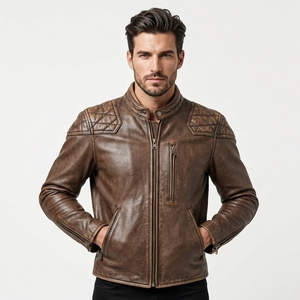 Blouson <span class=keywords><strong>de</strong></span> motard OEM pour homme en cuir <span class=keywords><strong>de</strong></span> vachette pleine fleur motif litchi, coupe slim, personnalisé, style vintage rétro vieilli, col montant, pour moto - Product Image 1