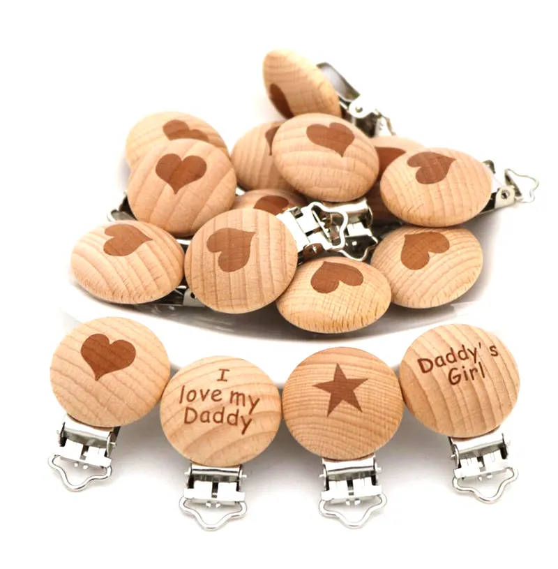 Custom Natural Beech Suspender Clips Charm DIY Wood Dummy Pacifier Holder Accessories Baby Teething Toy Wood Pacifier Clips