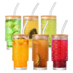4pcs One Set Transparent Drinking Glassed Cup with Bamboo Lid and Straw Heat Proof Iced Coffee Glass <strong>Tumbler</strong> for Smoothie/beer - Product Image 2