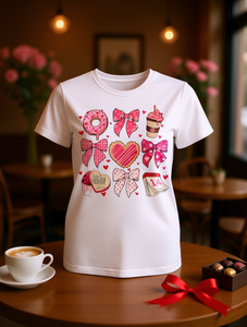 Maglietta da donna taglie forti per San Valentino, con stampa fiocco, ciambella e caffè, casual, girocollo, manica corta, in maglia, idea regalo - Product Image 2