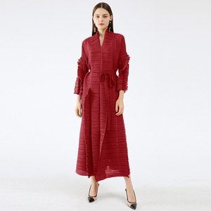 Vestido largo plisado Miyake 2025 con mangas de pétalo, cárdigan con solapa, fajas, talla grande, vestido largo verde, ropa estética para mujer 2021 - Product Image 2