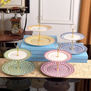 European Luxury Green 2-<b>Layer</b> Bone China Round <b>Under</b> Glazed Cake Tray for Home Office Wedding - Product Image 1