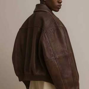 Full Zip up Turn Down Neck Vintage Casual Long Sleeve Oversized Baggy <strong>Brown</strong> <strong>Leather</strong> <strong>Jacket</strong> Boxy Bomber Pu <strong>Leather</strong> <strong>Jacket</strong> - Product Image 3